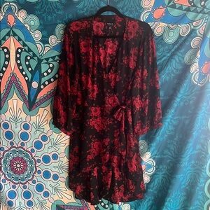 Torrid Red and Black Flutter Sleeve Wrap Hi Lo Blouse